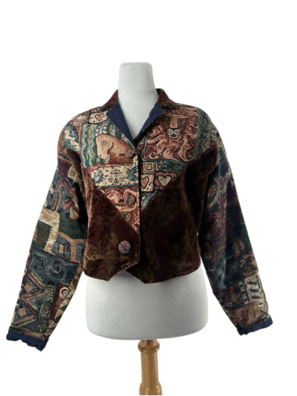 Vintage 90s Village Factory Velvet Patchwork Tapestry Statement Coat boho sz sm - Picture 2 of 9